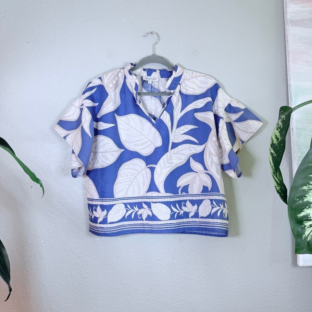 Rachel Zoe Linen Blend Tropical Blue Cream Bohemian Ruffled Notch V Neck Top L